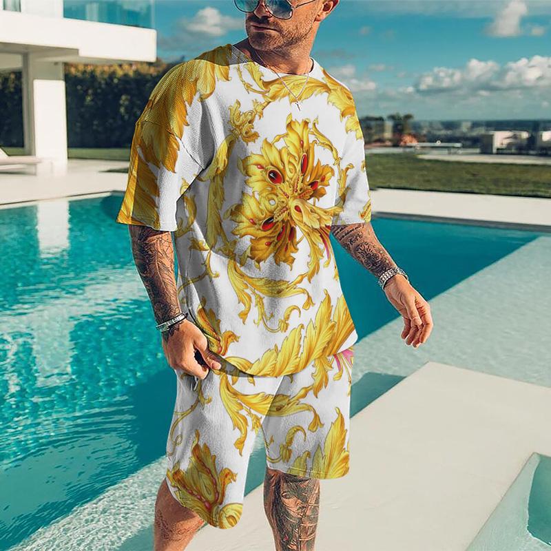 Летний мужской 3D-принтованный золотистый повседневный роскошный комплект футболки и шорт, спортивный костюм для мужчин из 2 предметов, модная мужская одежда, спортивный костюм