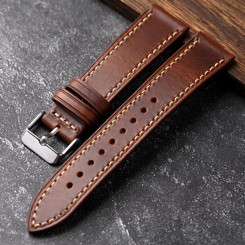 For Handmade First Layer Cowhide Leather Watchband 18 19 20 22 24MM Glossy Oil Wax Leather Blue Brown Men Watch Bracelet Vintage
