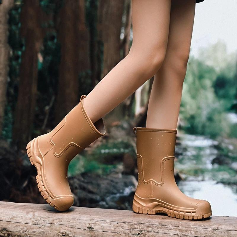 Mid Calf Rain Boots Seamless Waterproof PVC Rubber Wellies Anti Slip Thick Sole Outdoor Garden Work Rain Shoes