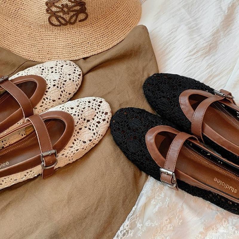 Sheepskin~ Breathable Hollow Crochet Splicing Shallow Mouth Flat Shoes with Mary Jane Shoes Women's Single Shoes