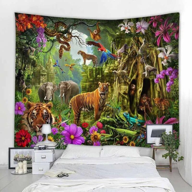 Настенный гобелен с тропическими джунглями и животными, украшение для дома, гобелен, пляжное полотенце, коврик для йоги, гобелен