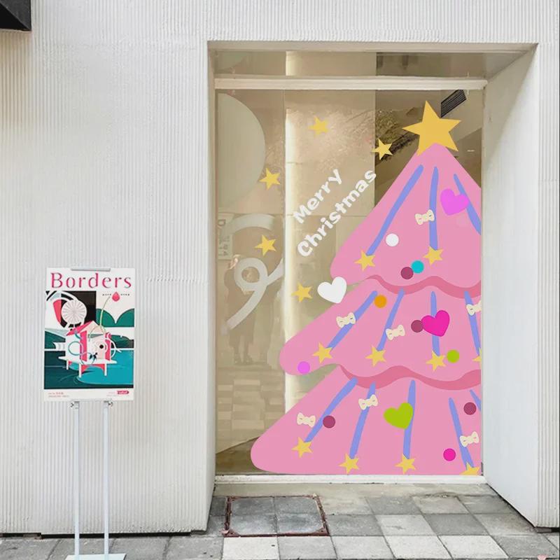 Розовые рождественские наклейки на окна 2025 года — дизайны снежинок и деревьев для стекла и дверей