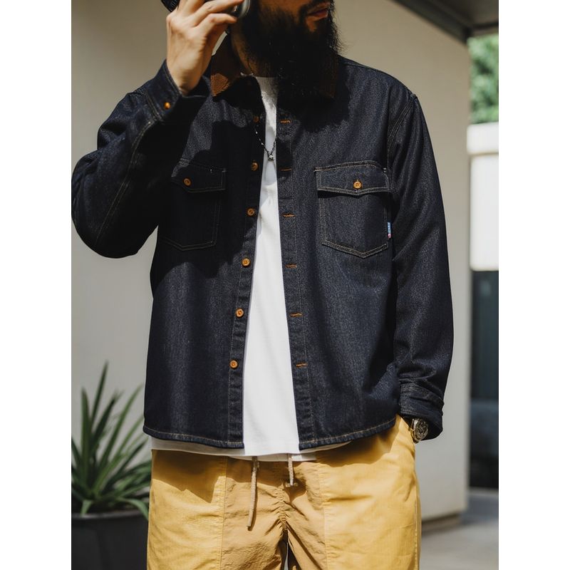 American Retro Amekaji Heavy-Duty Denim Work Shirt for Men, Spring and Autumn Hunting Jacket, Foreign Trade Men's Shirt