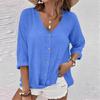 Женская модная повседневная однотонная футболка с V-образным вырезом, живыми пуговицами и рукавами 7/8
