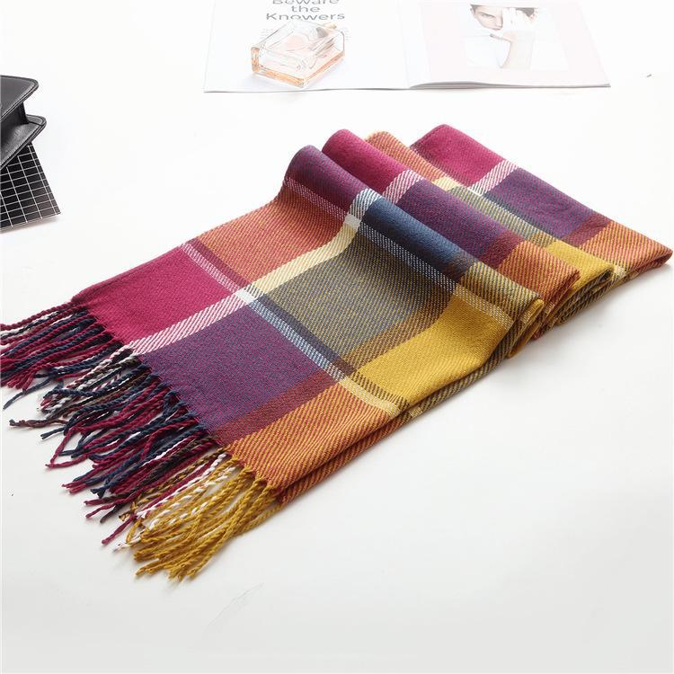 Клетчатый зимний шарф для женщин - шаль с кисточками в корейском стиле из искусственного кашемира