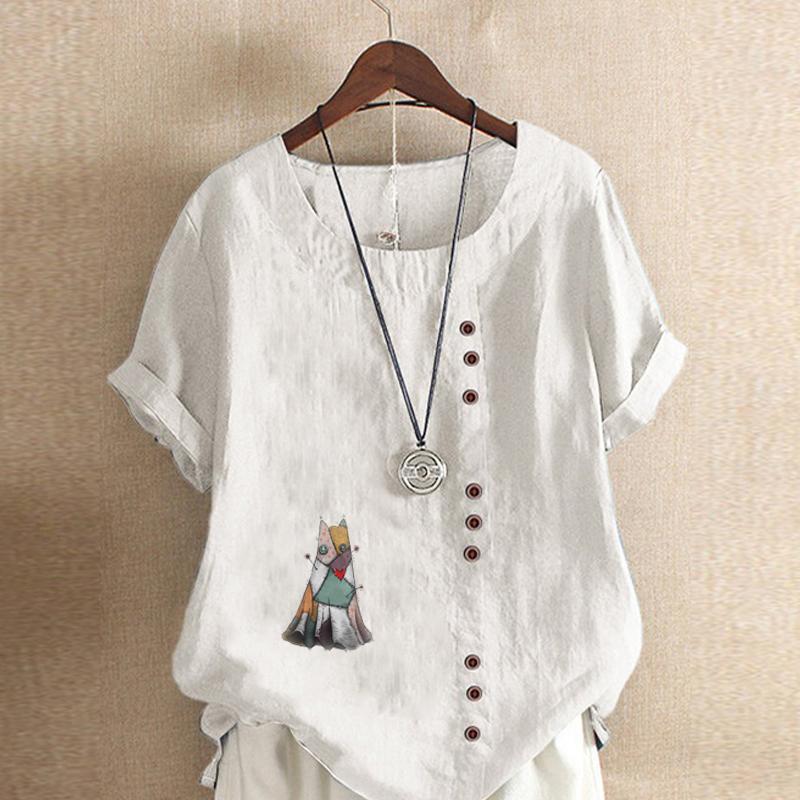 Женская мода, футболка с коротким рукавом и круглым вырезом, повседневная хлопково-льняная рубашка с рисунком, свободная летняя блузка с героями мультфильмов для отдыха, топы