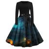 Women's Fashion Round Neck Casual Slim Fit Halloween Printed Long Sleeve Dress