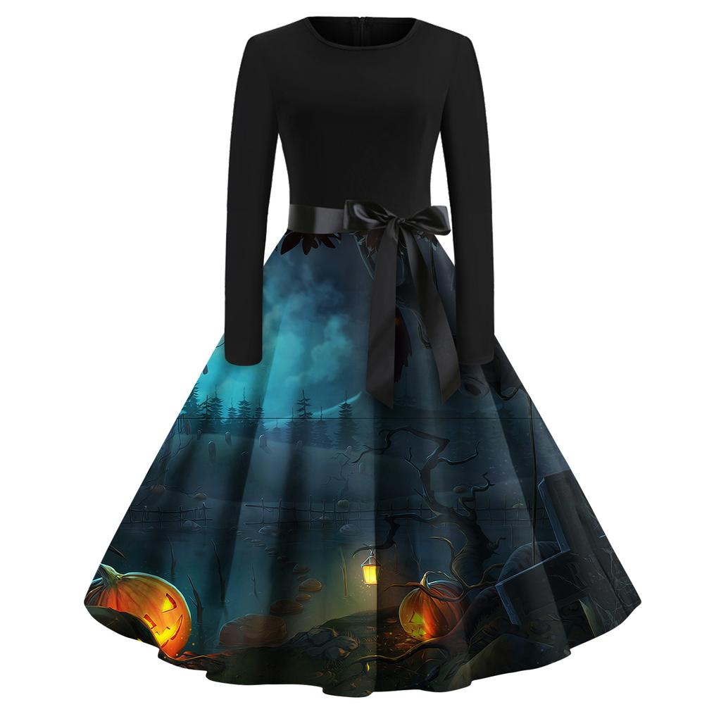 Women's Fashion Round Neck Casual Slim Fit Halloween Printed Long Sleeve Dress