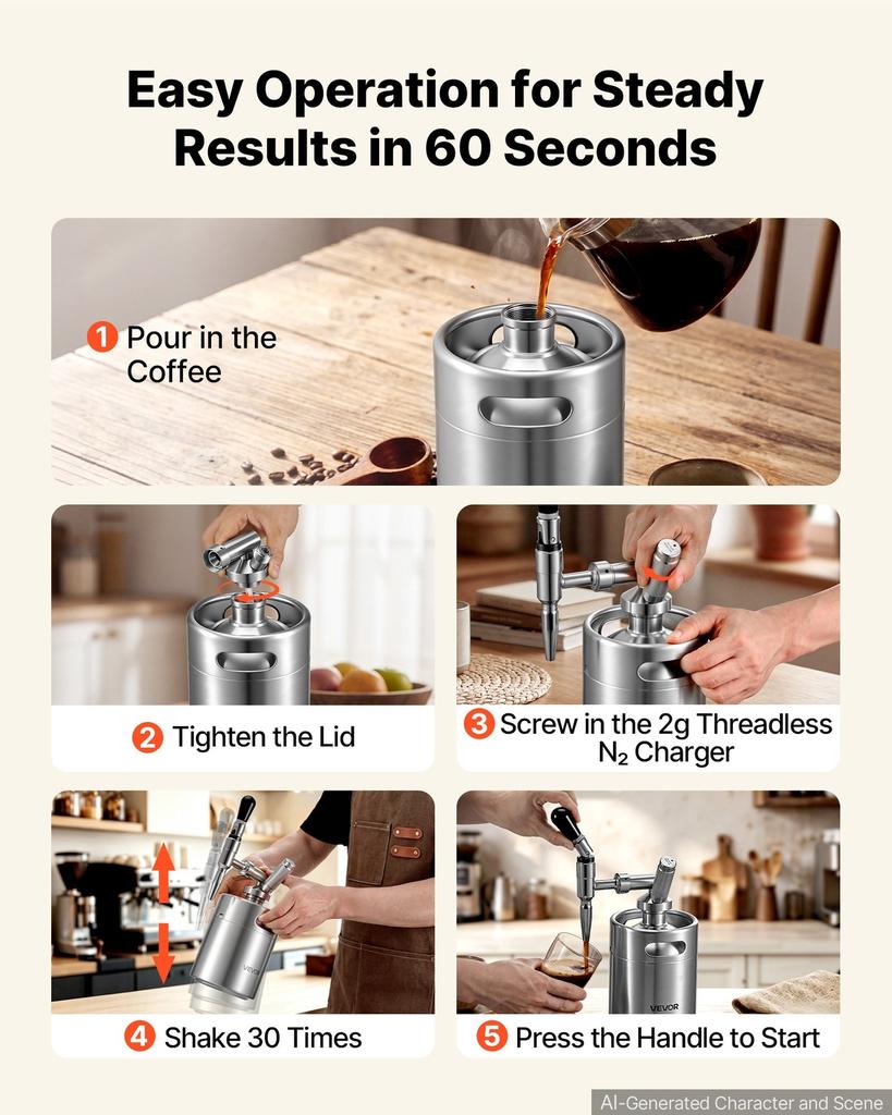 Nitro Cold Brew Coffee Maker 2L Nitrogen Dispenser System, Home Brew Coffee Keg, Portable Nitrogen Infuser with Dispenser and Pressure Relieving