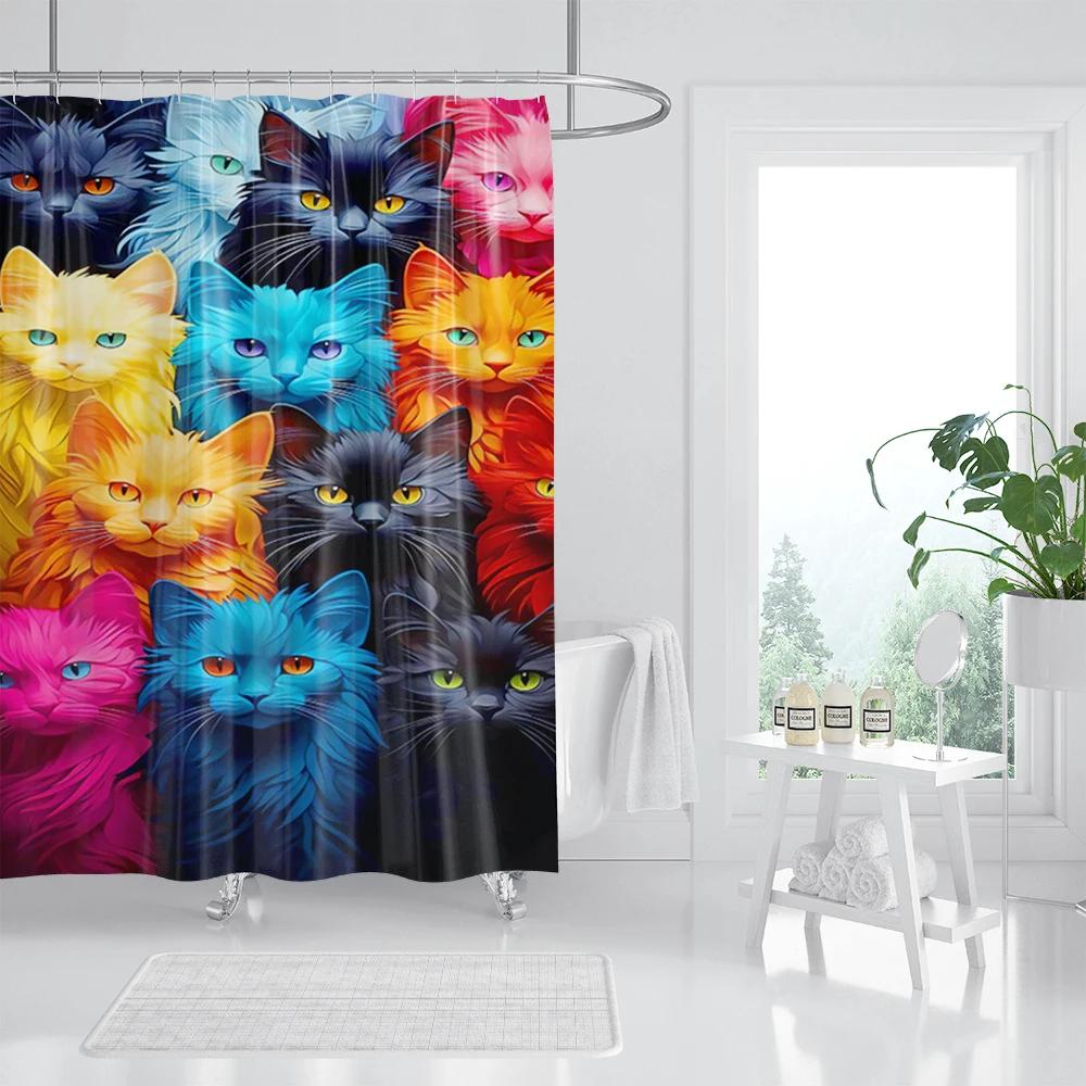 VIKAMA Funny Cat Bath Curtain Colorful Cartoon Kitten Group Pattern Waterproof Shower Curtain for Bathroom Decor