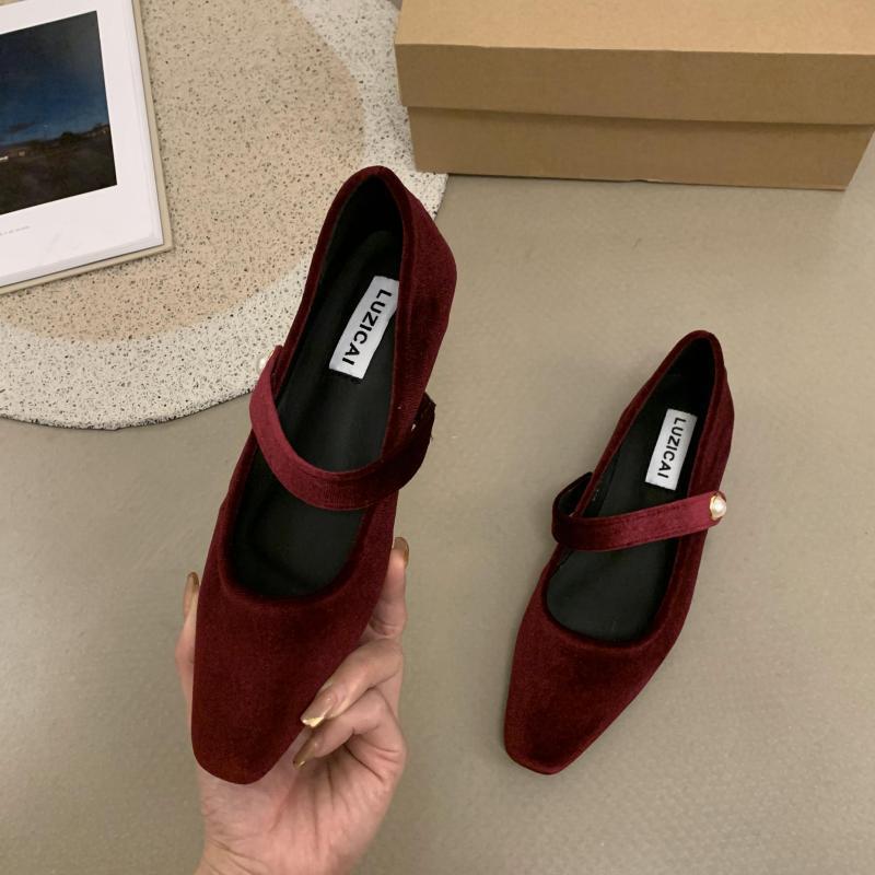 Ретро жемчужный нишевый золотой бархат пряжка на одну пуговицу туфли Мэри Джейн женские плоский толстый каблук средний каблук квадратный носок одинарные туфли бордовый