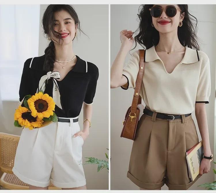 Женский летний свитер-поло в стиле ретро из французского ледяного шелка 2024 года