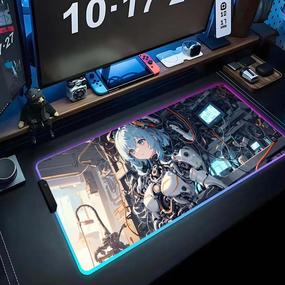 Аниме Девушка Меха Коврик для Мыши RGB Игровой Коврик для Мыши Большой LED Коврик Настольный Коврик для ПК Светящийся Коврик для Мыши Большие Коврики для Клавиатуры Настольный Ковер С