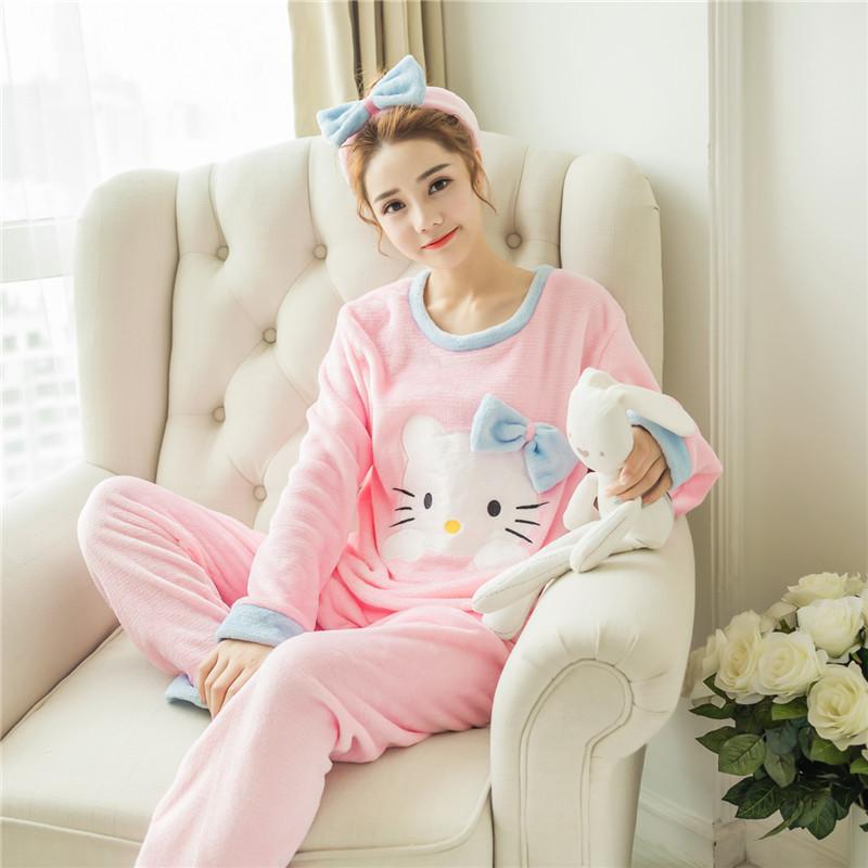 Women's Long-sleeved Flannel Pajamas Set Spring Autumn Cartoon Sleepwear Thickened Warm Printing Plush Cute Sleeping Suit Set