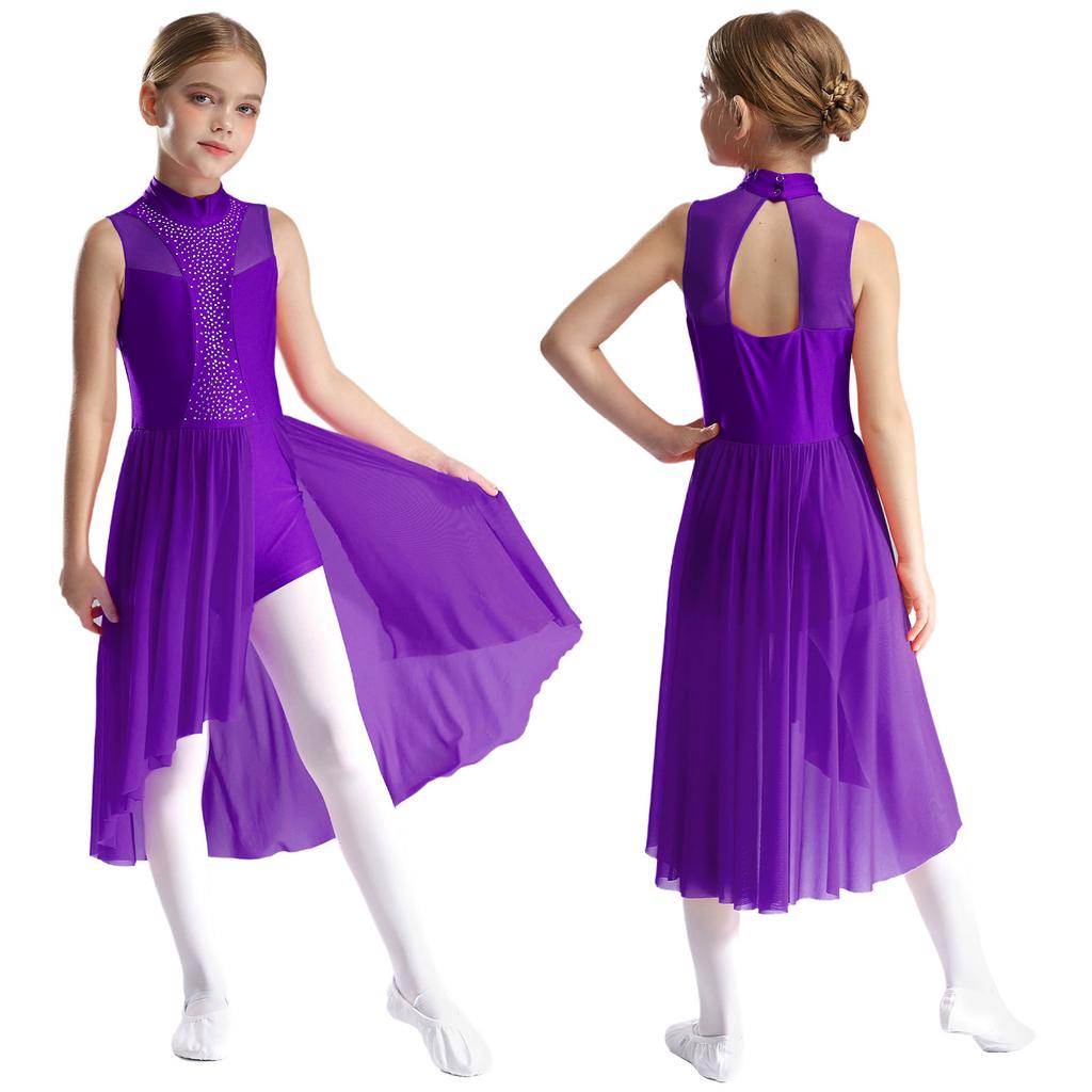 Kids Girls Figure Skating Dance Dress Sleeveless Mock Neck Cutout Back Side Split Asymmetrical Hem Sparkly Rhinestone Dresses