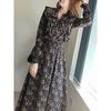 Женское французское цветочное платье миди с оборками для весны/осени с приталенной талией и деталями в виде бантов