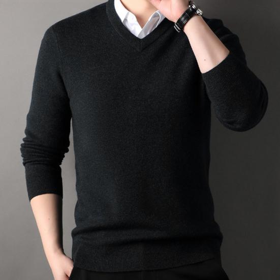 Осень-зима мужской свитер с V-образным вырезом, трикотажный однотонный эластичный пуловер средней длины, формальный деловой стиль, свитер