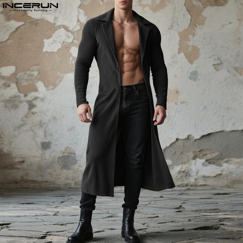 INCERUN Autumn Winter Men Lapel Neck Long Sleeve Open Front Long Corduroy Cardigan Coatsx