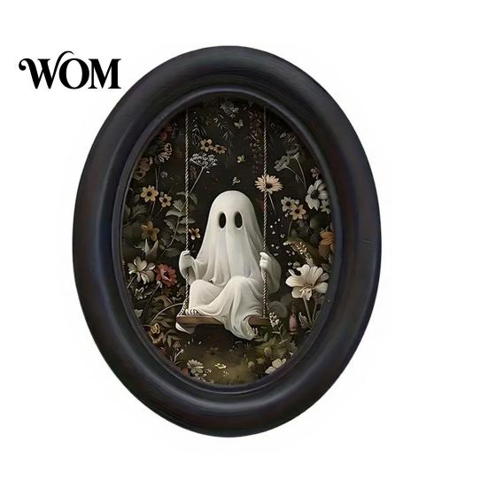 Niche Halloween Wall Decorations Ghost Art, Cute Table Sign, Vintage Oval Framed Exquisite Print Picture, Decorative Art for Mantel Living Room