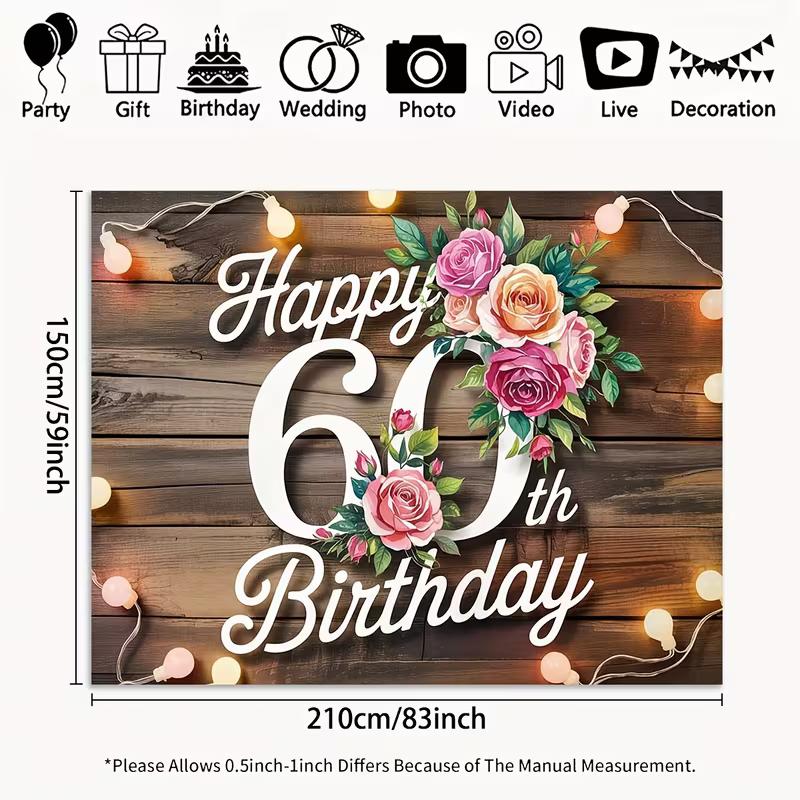 2D 60th Birthday Banner Rustic Wooden Floral Background for Women 60th Birthday Party Decoration