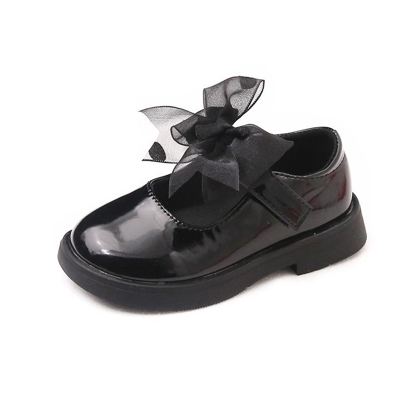 Кожаные туфли для девочек для танцев, вечеринок, свадьбы, черные школьные балетки с кружевным бантиком, принцесса, милые, модные, весна 2024, размеры 26-36