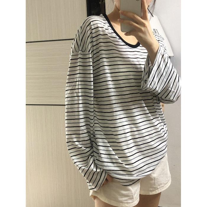 Spring and Autumn New Yarn Snowflake Stripe Korean Slack Lazy Stripe Sunscreen T-Shirt Women's Long Sleeve Air Conditioning Blouse