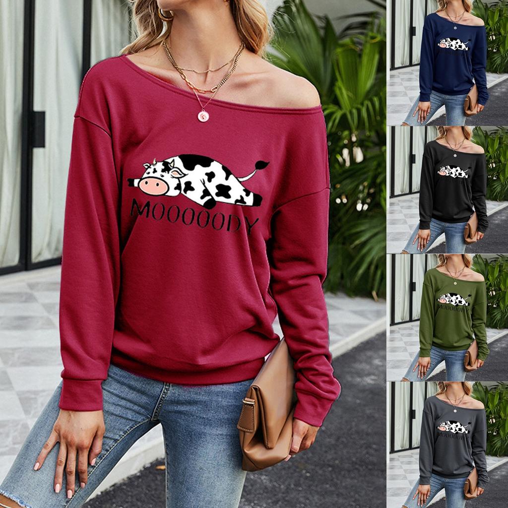 Женская мода, повседневный топ с открытыми плечами и воротником с длинными рукавами и принтом коровы