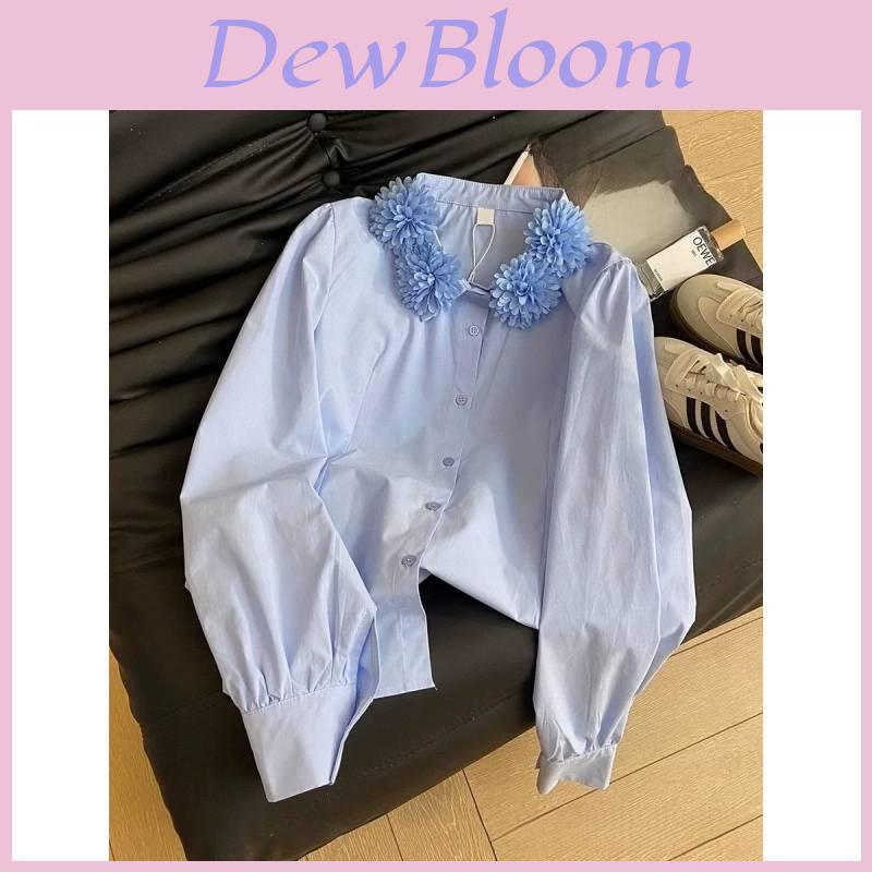 Spring French Sweet Ladies Blouse With 3d Floral Embroidery And Bubble Sleeves For Casual Wear