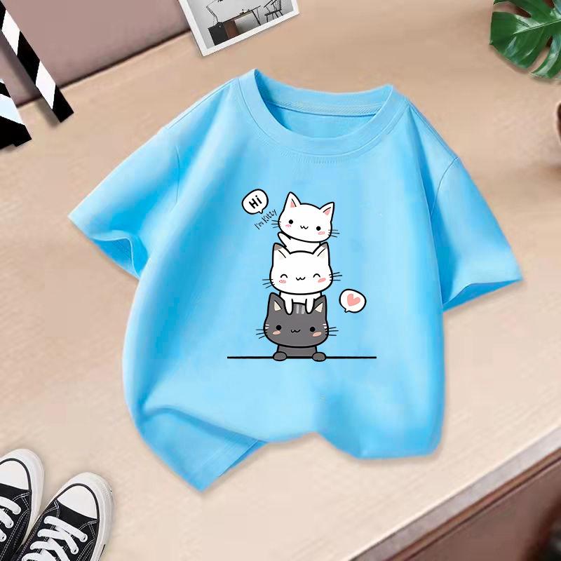Детская футболка с милым принтом кошки, детская одежда 100% хлопок, топы 2-13 лет, свободного кроя, повседневная футболка с круглым вырезом и коротким рукавом