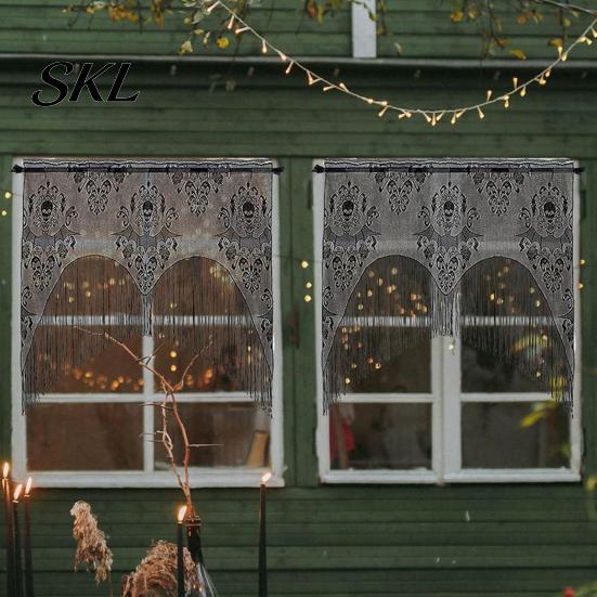 Draped Tassel Curtain Halloween Spooky Window Valance, Skull And Bat Pattern Sheer Lace Curtain, Lightweight Valance Light Filtering Gothic for Living