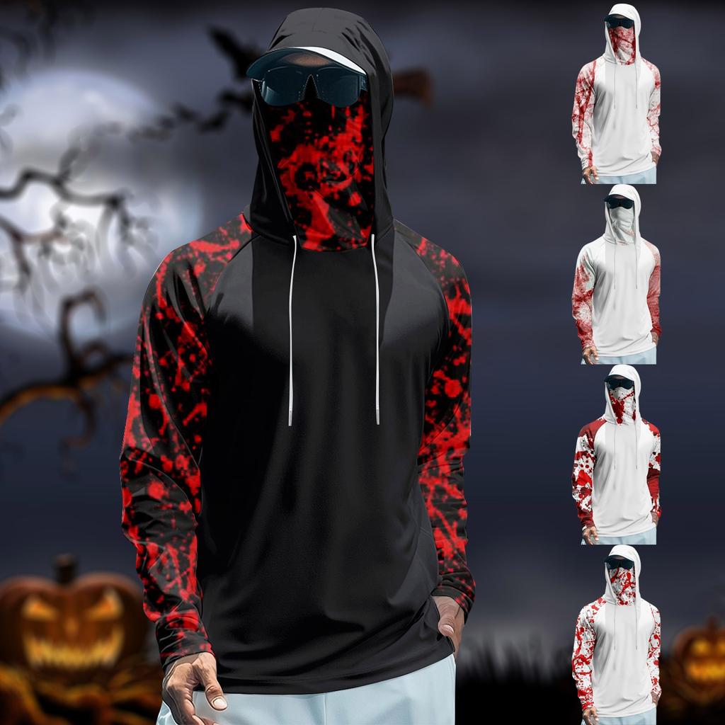 Мужская худи реглан для рыбалки с принтами на Хэллоуин - UPF 50+ УФ защита, длинный рукав, солнцезащитная рубашка с сетчатым козырьком