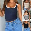 Y2K Women Summer Strap Square Collar Color Block Causal Slim Fit Vest Bare Midriff Tank Top