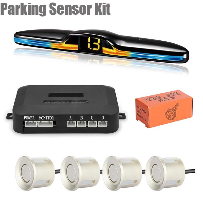EURS New LED Parking Sensor System Backlight Parktronic Monitor Display Kit Backup Detector Assistant 4 Probes