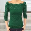 Женские топы с косым воротником и длинными рукавами, кружевная рубашка с ажурным кружевом, сплошной цвет