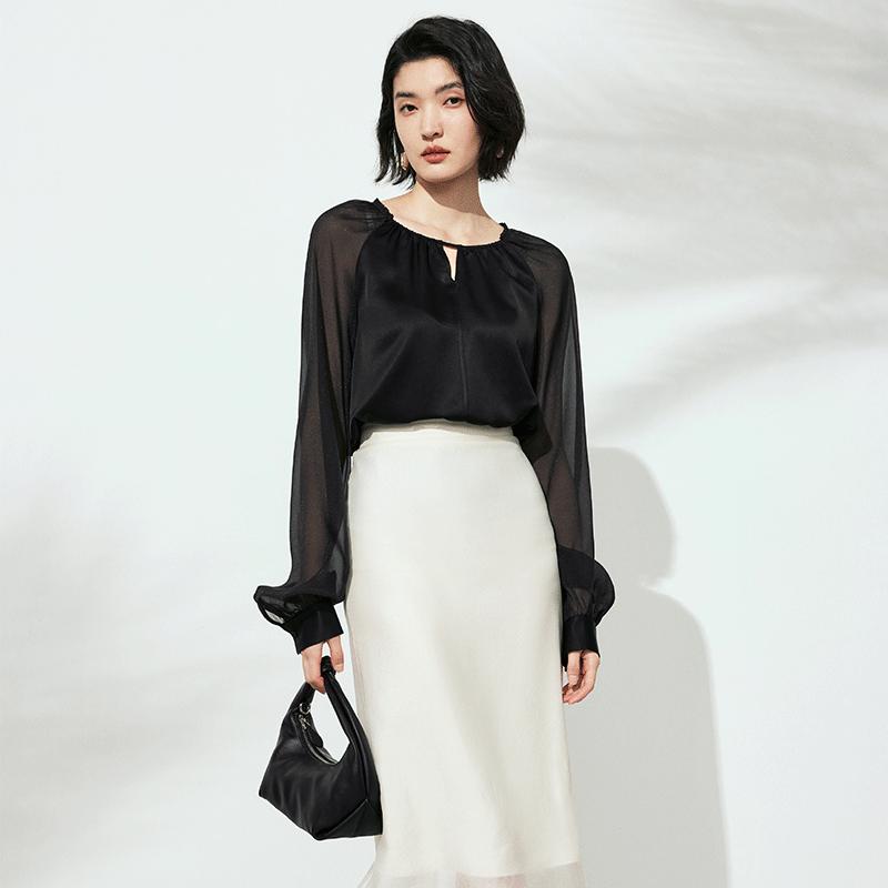 [Same as in the mall] TKY SHOP Luxury and Premium Shirt for Women 2024 Summer New Product Black Round Neck