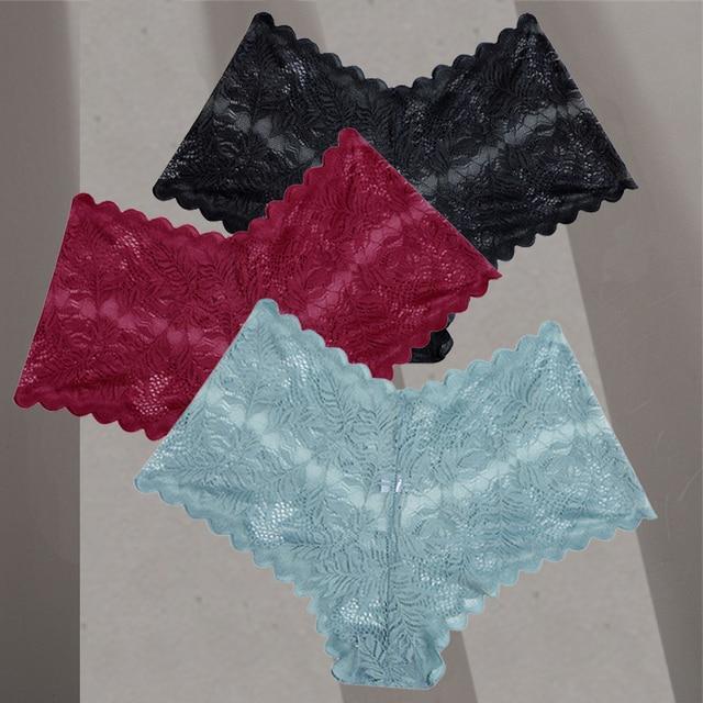FINETOO 3Pcs Women Sexy Low Waist Lace Boyshort Floral Panties S-XL Girls Hollow Out Underwear Ladies Comfortable Underpants Female Lingerie