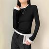 Женская футболка с длинным рукавом облегающего кроя, с эффектом двух предметов - Новинка ранней осени 2024 года, Универсальный пуловер с круглым вырезом.