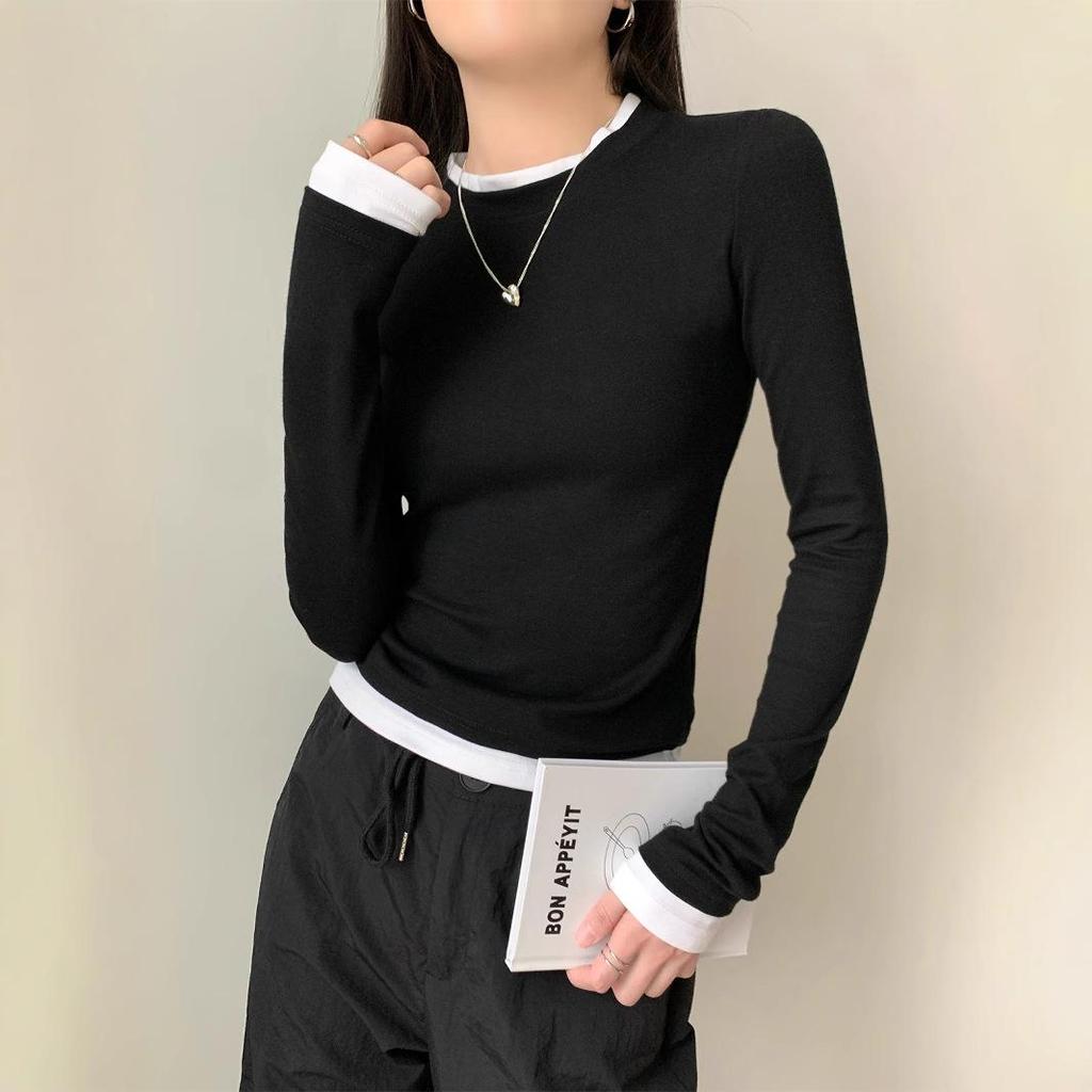 Женская футболка с длинным рукавом облегающего кроя, с эффектом двух предметов - Новинка ранней осени 2024 года, Универсальный пуловер с круглым вырезом.