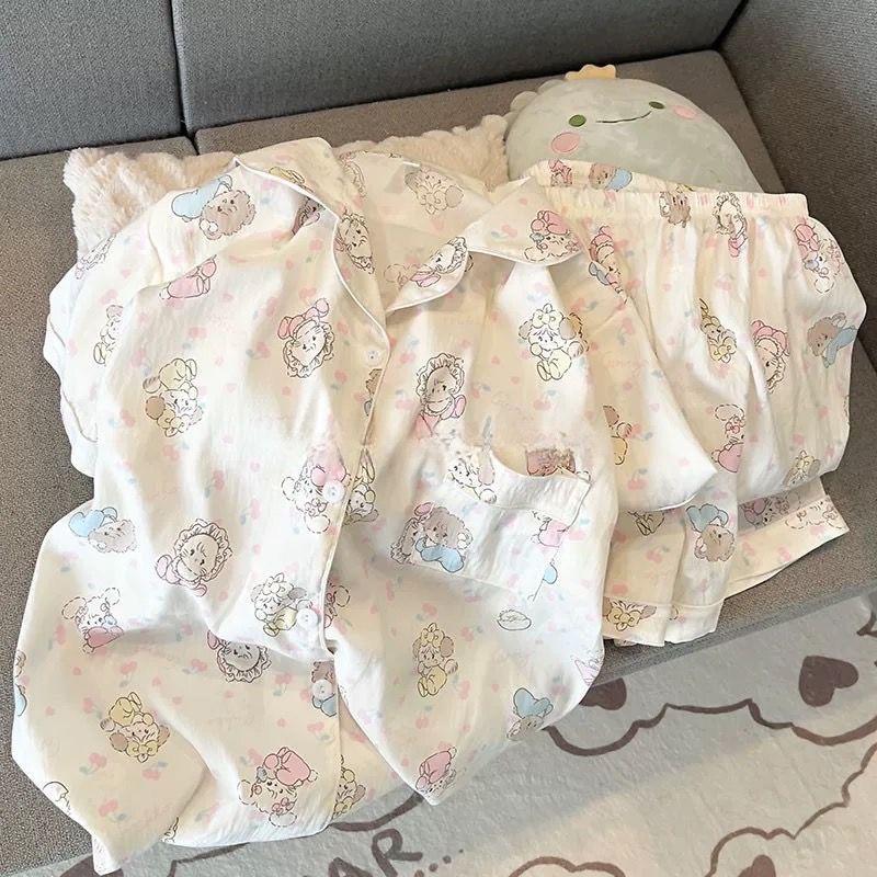 2024 Милый мультяшный женский хлопковый пижамный комплект - летний с короткими рукавами и шортами