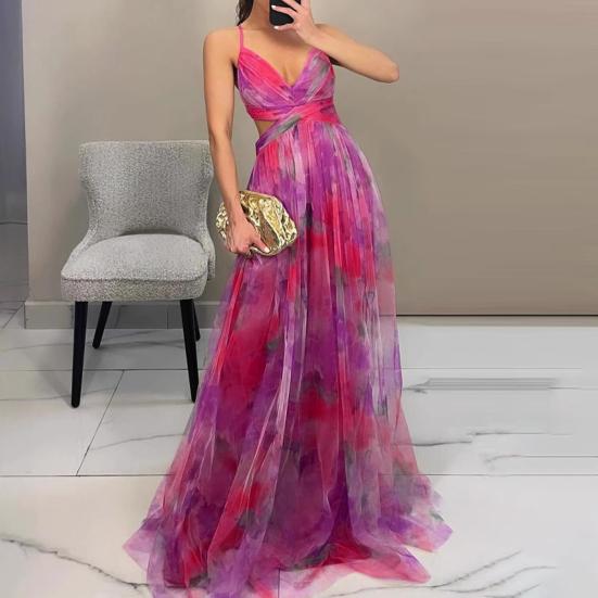 Women's Spaghetti Strap Maxi Dress Floral Boho Deep V-Neck Hollow Out Mesh Pleated Dress Summer Beach Party Swing Long Dress