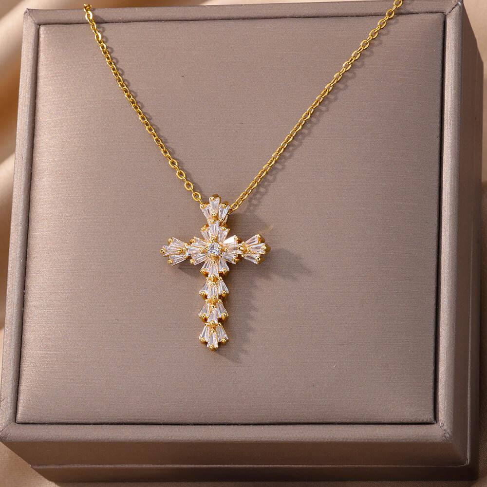 316L Stainless Steel Zircon Jesus Cross Pendant Necklaces For Women Hip Hop Gold Color Cross Necklace Party Jewelry Gift