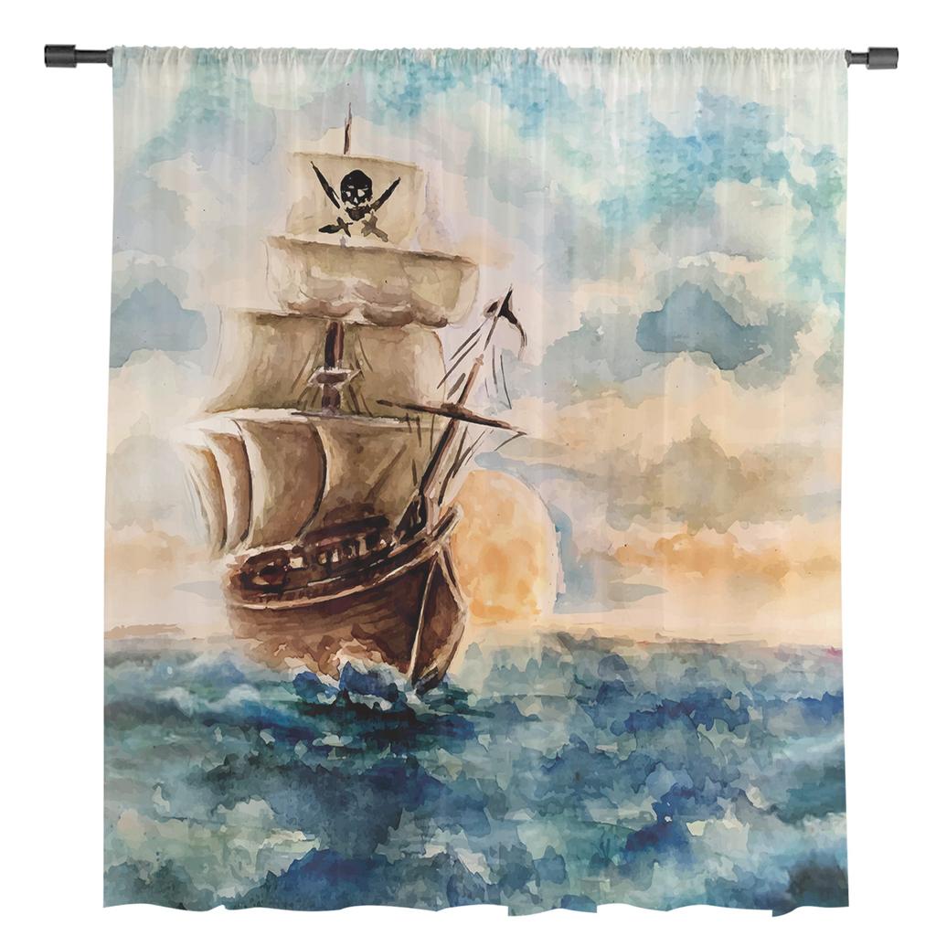 Oil Painting Style Pirate Boat Sheer Curtains for Living Room Decoration Window Curtains Kitchen Tulle Voile Organza Curtains