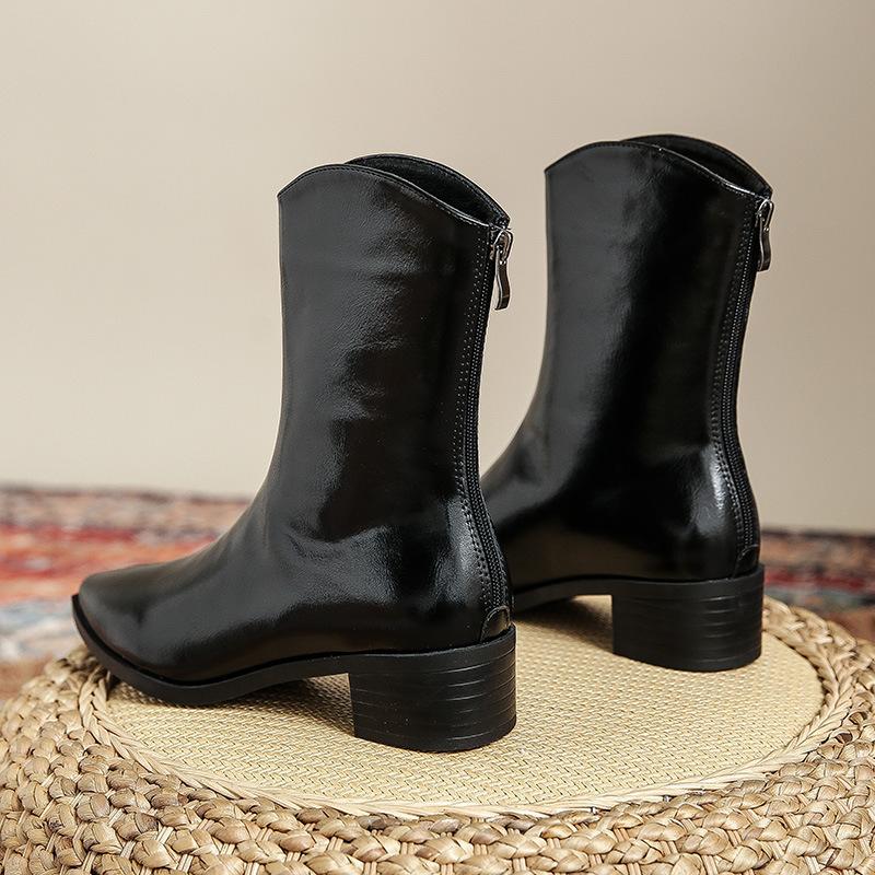 Женские рыцарские сапоги с застежкой-молнией сзади, короткие, с трубчатым носком, ретро-сапоги в британском стиле в стиле вестерн-ковбой