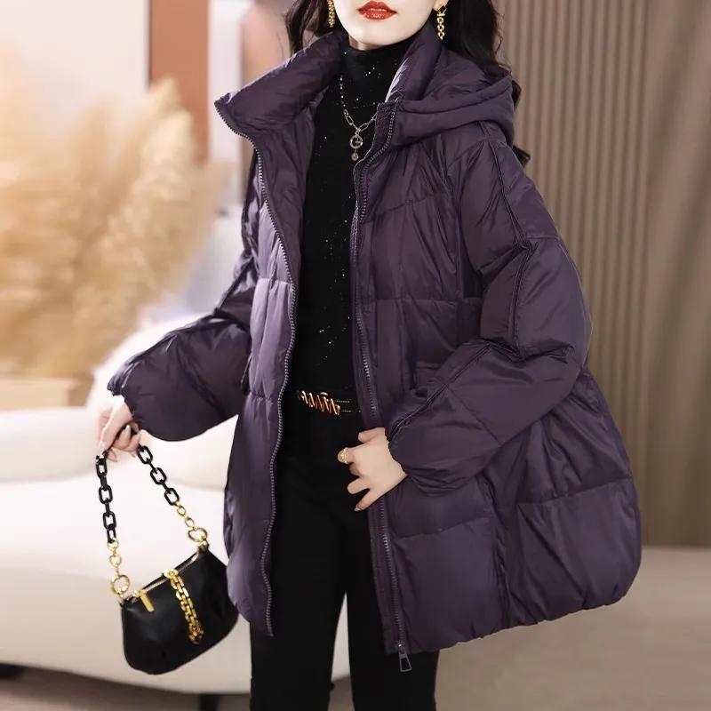 Purple Down Jacket Women's Winter High-end Loose Mid-length Hooded Bread Jacket