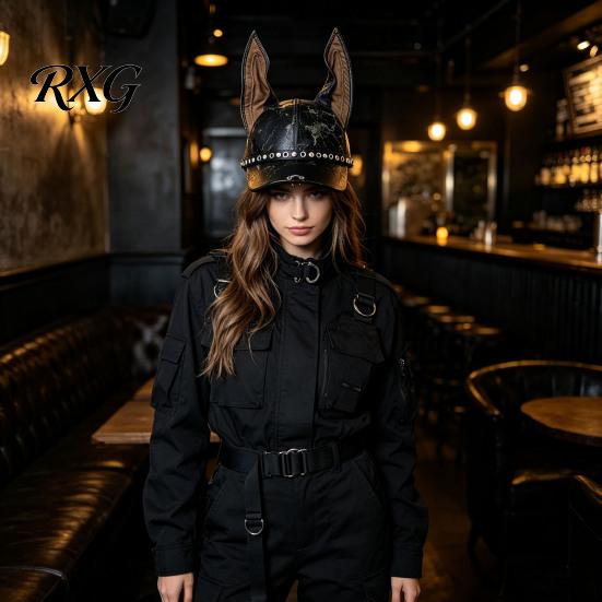 Fake Leather Cap Faux Baseball with Doberman Ears, Vintage Punk Rock Peaked Rivets Sun Hat, Distressed Hat for Men Women