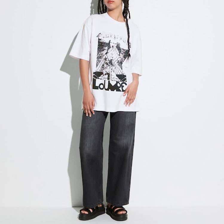 Uniqlo X Louvre Коллаборация Весна/Лето 2023 Круглый вырез Графический принт Свободный крой Короткий рукав Футболка Унисекс Топы Белый 456301-00