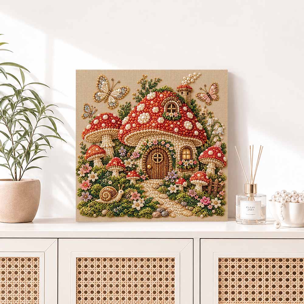 5D DIY Pearl Painting Set Pearl Art Embroidery Mushroom House And Butterflies Home Decoration Gift