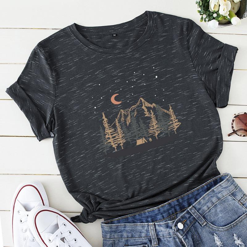 Summer Women's Loose Round Neck Pure Cotton Landscape Mountain Short Sleeved T-Shirts Women’s