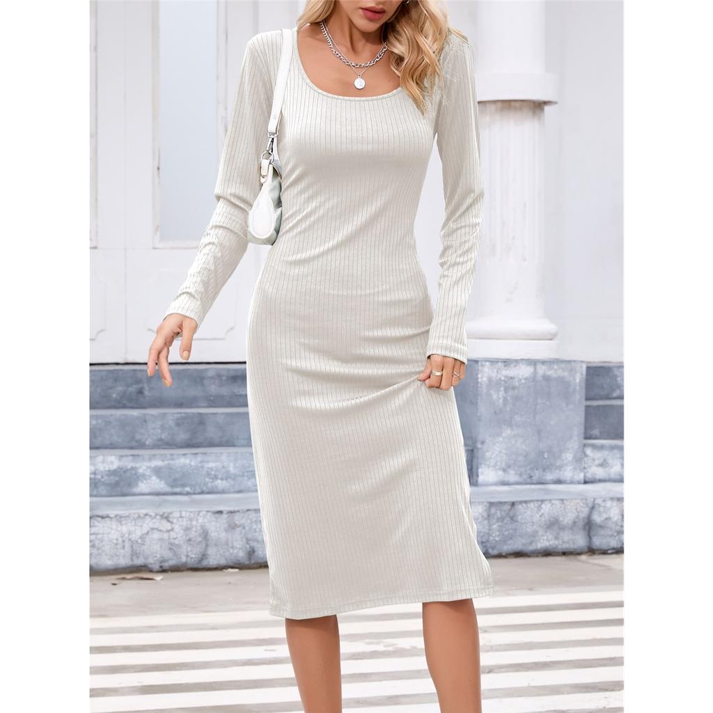 Женское однотонное платье с длинным рукавом, квадратным вырезом, облегающее и элегантное, длинное