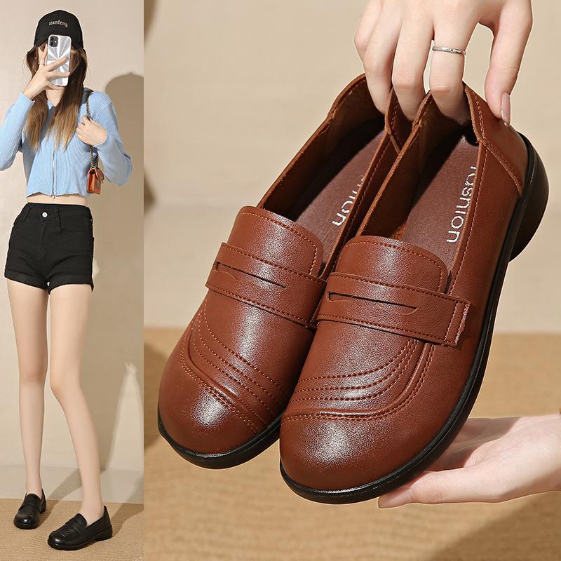 2024 весна и осень обувь для мам мягкая подошва удобная рабочая кожаная обувь женская обувь среднего и пожилого возраста одинарные туфли нескользящие туфли на плоской подошве